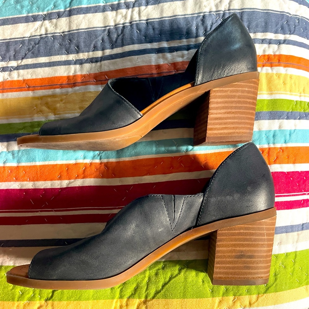Black genuine leather, wood-stack heeled, open cute shoes